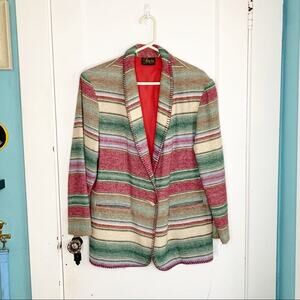 VTG Vintage Colorful Plaid Shacket Blazer Faux Bone Horn Button Striped Large L